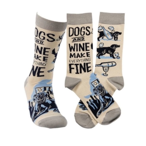 Primitives By Kathy NWT Unisex Crew Sock DOGS AND WINE MAKE EVERYTHING FINE - Picture 1 of 10